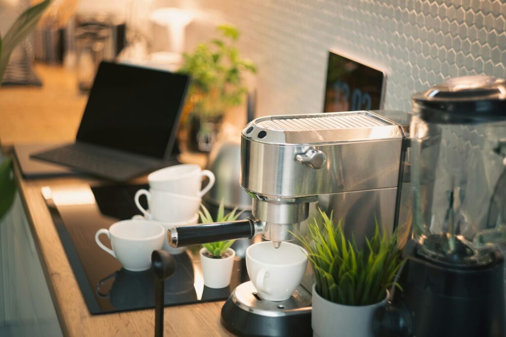 modern home kitchen interior laptop coffee machine
